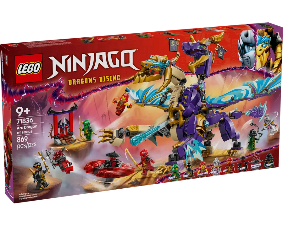 LEGO Ninjago 71836 Arc Dragon of Focus set box featuring a large purple and gold dragon, minifigures, and 869 pieces.