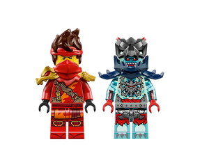Two LEGO Ninjago minifigures, Kai in a red ninja suit with gold shoulder armor, and an ice monster with a dark grey helmet.