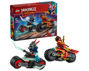 LEGO Ninjago 71838 Kai's Motorcycle Speed Race set with product box and two built motorcycles with minifigures.