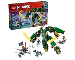 LEGO Ninjago 71845 Lloyd's Jet Mech box and assembled set with green mech, white dragon, and minifigures.