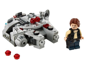 LEGO Star Wars Millennium Falcon Microfighter with Han Solo minifigure holding a blaster, and two red studs.