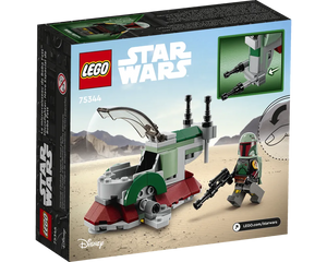 LEGO Star Wars 75344 Boba Fett's Starship Microfighter box back, showing the ship, Boba Fett minifigure, and play features.