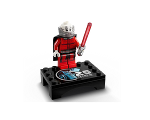 LEGO Star Wars Darth Malak minifigure with red lightsaber on a black display stand celebrating 25 years.