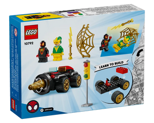 Back of LEGO Super Heroes 10792 Drill Spinner Vehicle box. Features Miles Morales, Electro, drill car, web, traffic light.