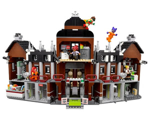 The LEGO Super Heroes Arkham Asylum set 70912 fully assembled, showing the multi-story building with various minifigures.
