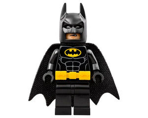 Full shot of a LEGO Batman minifigure, featuring a black suit, yellow utility belt, bat symbol, and black cape.