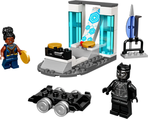 LEGO Super Heroes Shuri's Lab set 76212 featuring Shuri and Black Panther minifigures, lab, vehicle, and weapon stand.