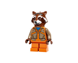 LEGO Rocket Raccoon minifigure wearing an orange jumpsuit with blue and grey details, goggles on his head, on a white background.