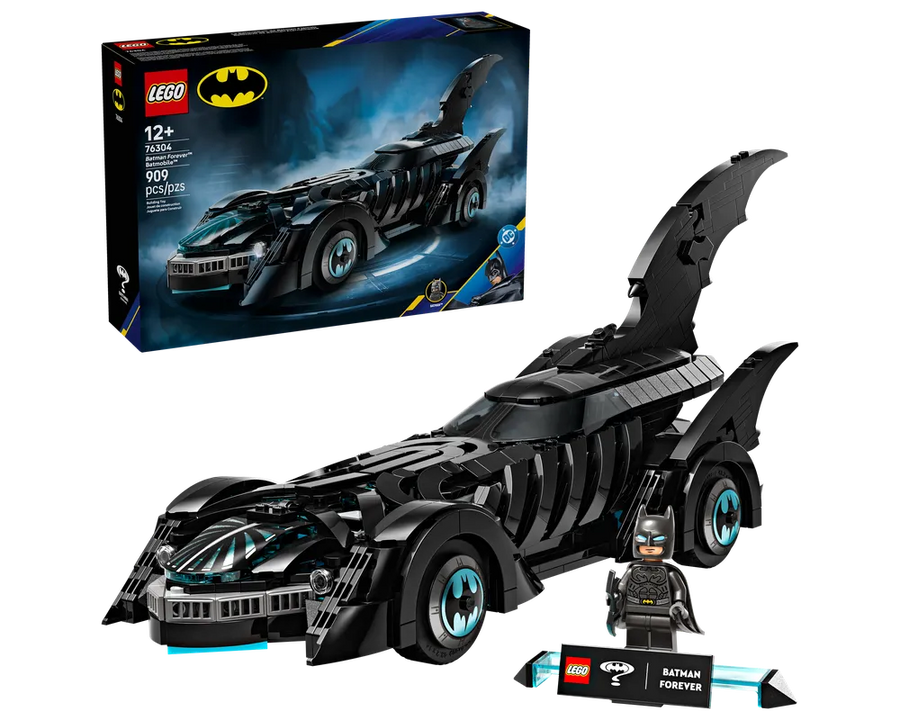 LEGO 76304 Batman Forever Batmobile set: assembled black Batmobile car, Batman minifigure, display stand, and product box.