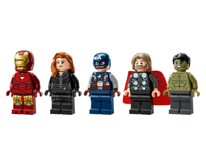 Five LEGO Marvel Super Heroes minifigures: Iron Man, Black Widow, Captain America, Thor, and Hulk, in a line.