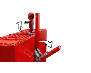 LEGO Iron Man minifigure on a red brick build, with arrows showing the minifigure rotating and a hinged red section opening.