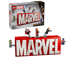 LEGO Super Heroes 76313 Marvel Logo set with minifigures of Hulk, Thor, Iron Man, Black Widow, and Captain America.