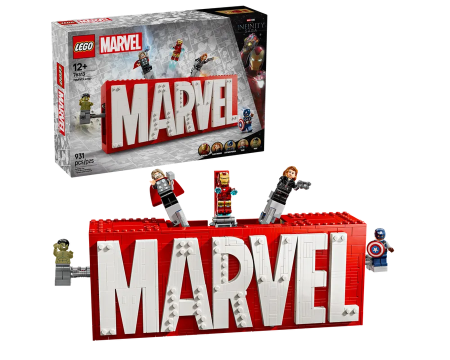 LEGO Super Heroes 76313 Marvel Logo set with minifigures of Hulk, Thor, Iron Man, Black Widow, and Captain America.