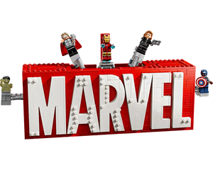 LEGO Super Heroes Marvel logo build in red and white with Thor, Iron Man, Black Widow, Hulk, and Captain America minifigures.