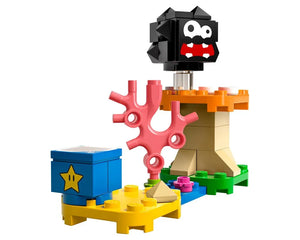 LEGO Super Mario Fuzzy & Mushroom Platform set showing a black Fuzzy on a tan tower, a pink coral element, and a star block.
