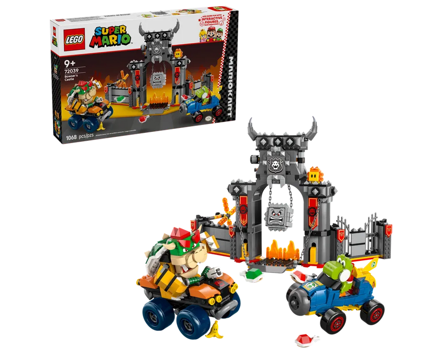 LEGO Super Mario 72039 Bowser's Castle set with Bowser and Yoshi karts, and the castle structure, shown with its box.