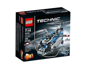LEGO Technic 42020 Twin-rotor Helicopter set box featuring the blue and grey helicopter model, age 7-14, 145 pieces.