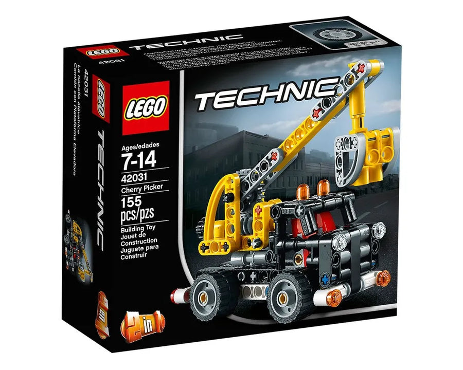 LEGO Technic 42031 Cherry Picker set box featuring a built yellow and black cherry picker model against a dark urban background.