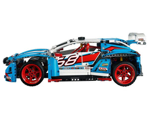 Side view of a blue, white, and red LEGO Technic 42077 Rally Car with red wheels and '58' on its side.