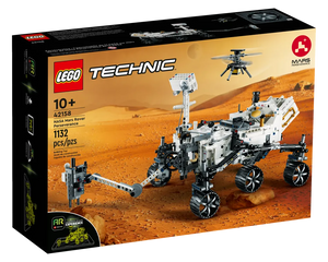 LEGO Technic 42158 NASA Mars Rover Perseverance box showing the built rover model and Ingenuity helicopter on Mars.