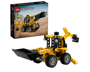 LEGO Technic 42197 Backhoe Loader, yellow and black, displayed with its product box in the background.