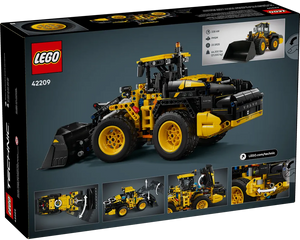 Back of LEGO Technic 42209 Volvo L120 Electric Wheel Loader box showing model and features.