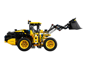LEGO Technic 42209 Volvo L120 Electric Wheel Loader, yellow and black, side view with raised bucket.