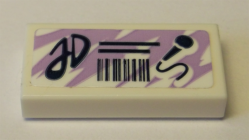 LEGO 3069pb0654 - Tile 1 x 2 with Medium Lavender Swirl Background and Black 'JD', Barcode and Microphone Pattern (Sticker) - Set 41342