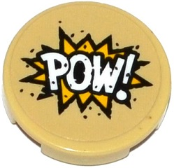 LEGO 14769pb104 - Ronde tegel 2 x 2 met onderkant stud holder met 'POW!' in gele starburst explosie patroon (sticker) - Set 76053