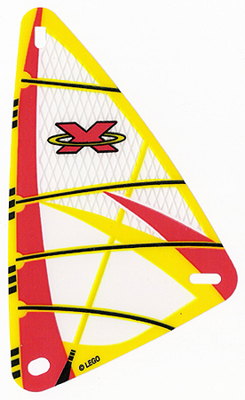 LEGO x772px5 plastic triangle sail, 9x15, with red, yellow, black pattern and Extreme Team 'X' logo.