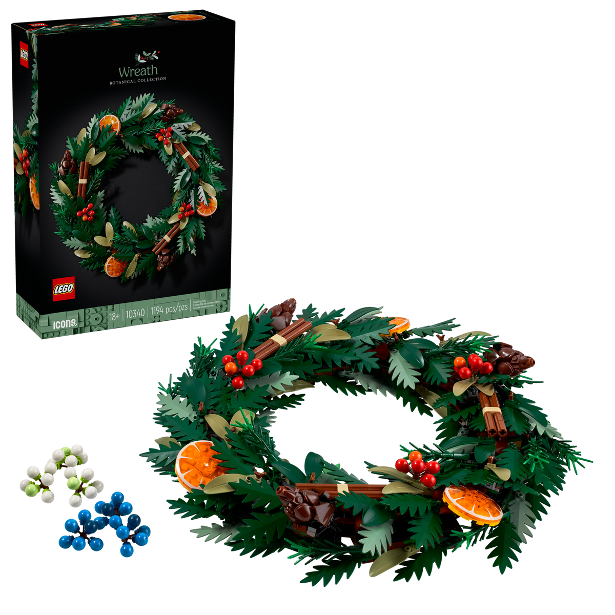 LEGO Botanicals 10340 Wreath, box and built model