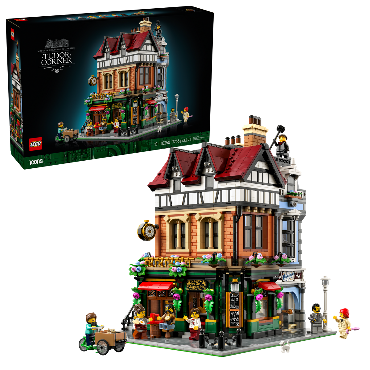 LEGO Icons 10350 Hoekpand in tudorstijl, doos en gebouwd model