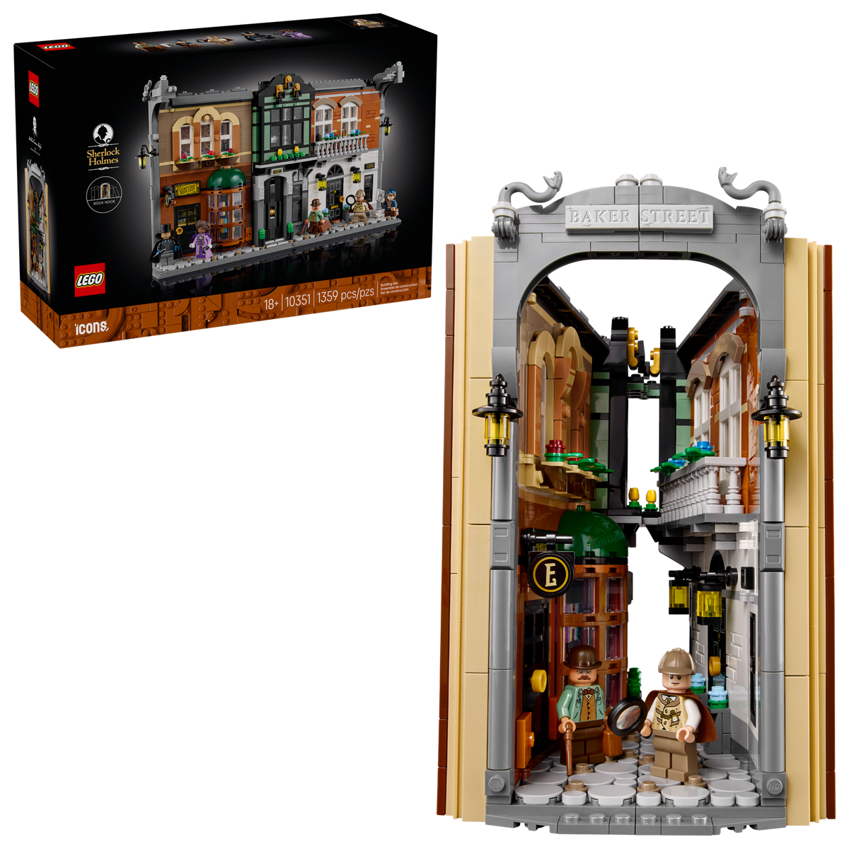LEGO Icons 10351 Boekensteun: Sherlock Holmes, doos en gebouwd model