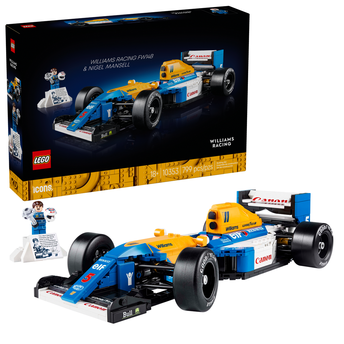 LEGO Icons 10353 Williams Racing FW14B en Nigel Mansell, doos met de gebouwde auto en minifiguur