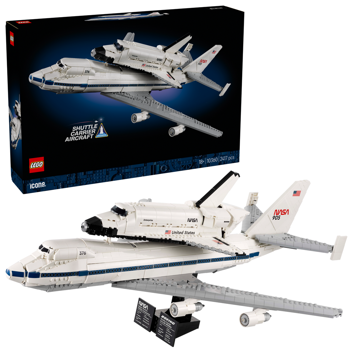 LEGO Icons 10360 Shuttle Carrier Aircraft, doos en gebouwd model