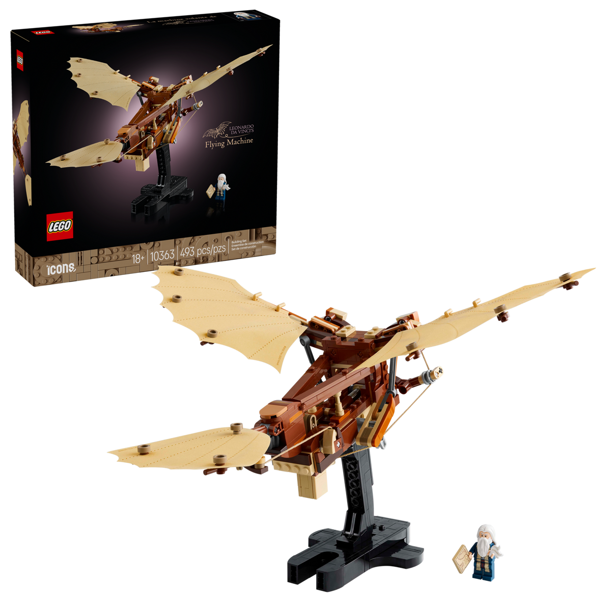 LEGO Icons 10363 De vliegmachine van Leonardo da Vinci, doos en gebouwd model