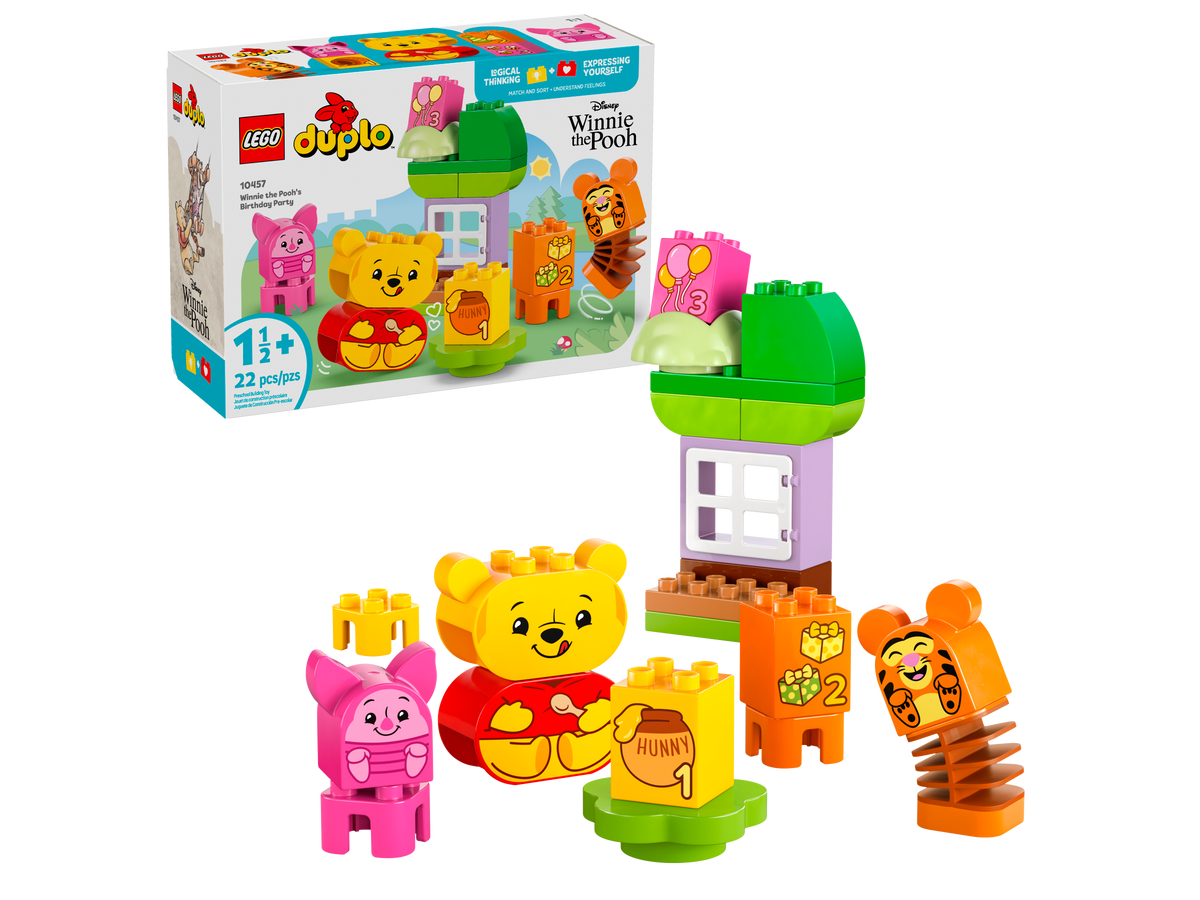 LEGO DUPLO 10457 Het verjaardagsfeest van Winnie de Poeh, doos en feestscène