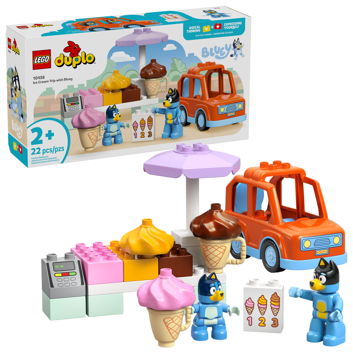 LEGO Bluey 10458 Een ijsje halen met Bluey, doos en gebouwde set