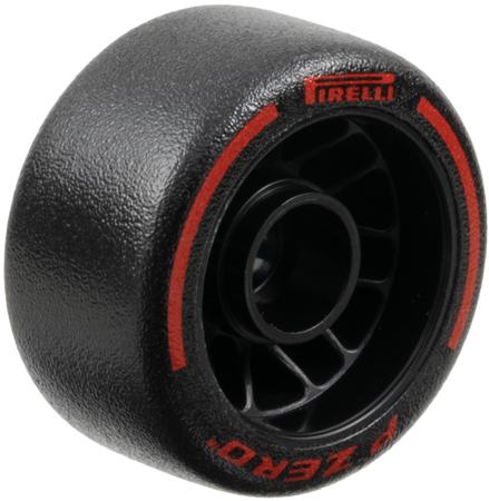 LEGO 105162pb03 - Wheel 24 x 13.4 with Pin Hole with Molded Black Hard Rubber Tire and Printed Red 'PIRELLI', 'P ZERO' and Arcs Pattern - Image 1