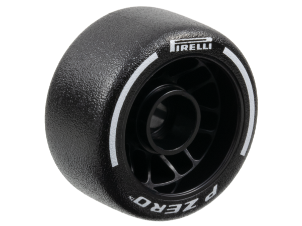 LEGO 105162pb04 - Wheel 24 x 13.4 with Pin Hole with Molded Black Hard Rubber Tire and Printed White 'PIRELLI', 'P ZERO' and Arcs Pattern - Image 1