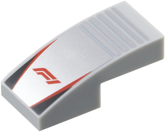 LEGO 11477pb220 - Slope, Curved 2 x 1 x 2/3 with Formula 1 Logo Stylized Red 'F1' on Silver Background with Notches, Red Stripes, Black Triangles Pattern