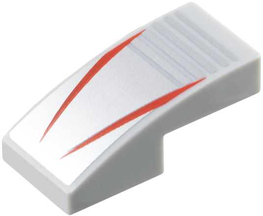 LEGO 11477pb221 - Slope, Curved 2 x 1 x 2/3 with 2 Red Stripes on Silver Background with Notches Pattern