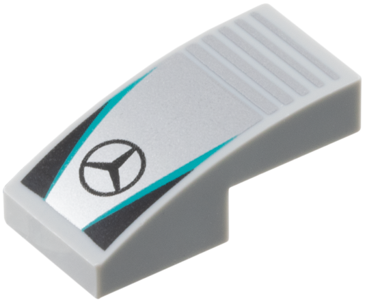 LEGO 11477pb223 - Slope, Curved 2 x 1 x 2/3 with Mercedes-Benz Logo on Silver Background with Notches, Dark Turquoise Stripes, Black Triangles Pattern