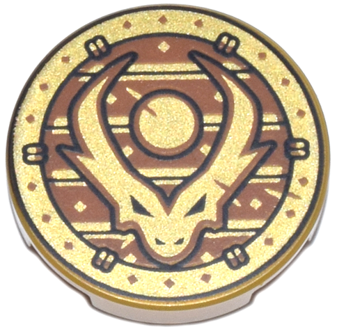 LEGO 14769pb838 - Tile, Round 2 x 2 with Bottom Stud Holder with Dragon Head with Horns and Black Outline on Dark Orange Stripes in Circle Pattern