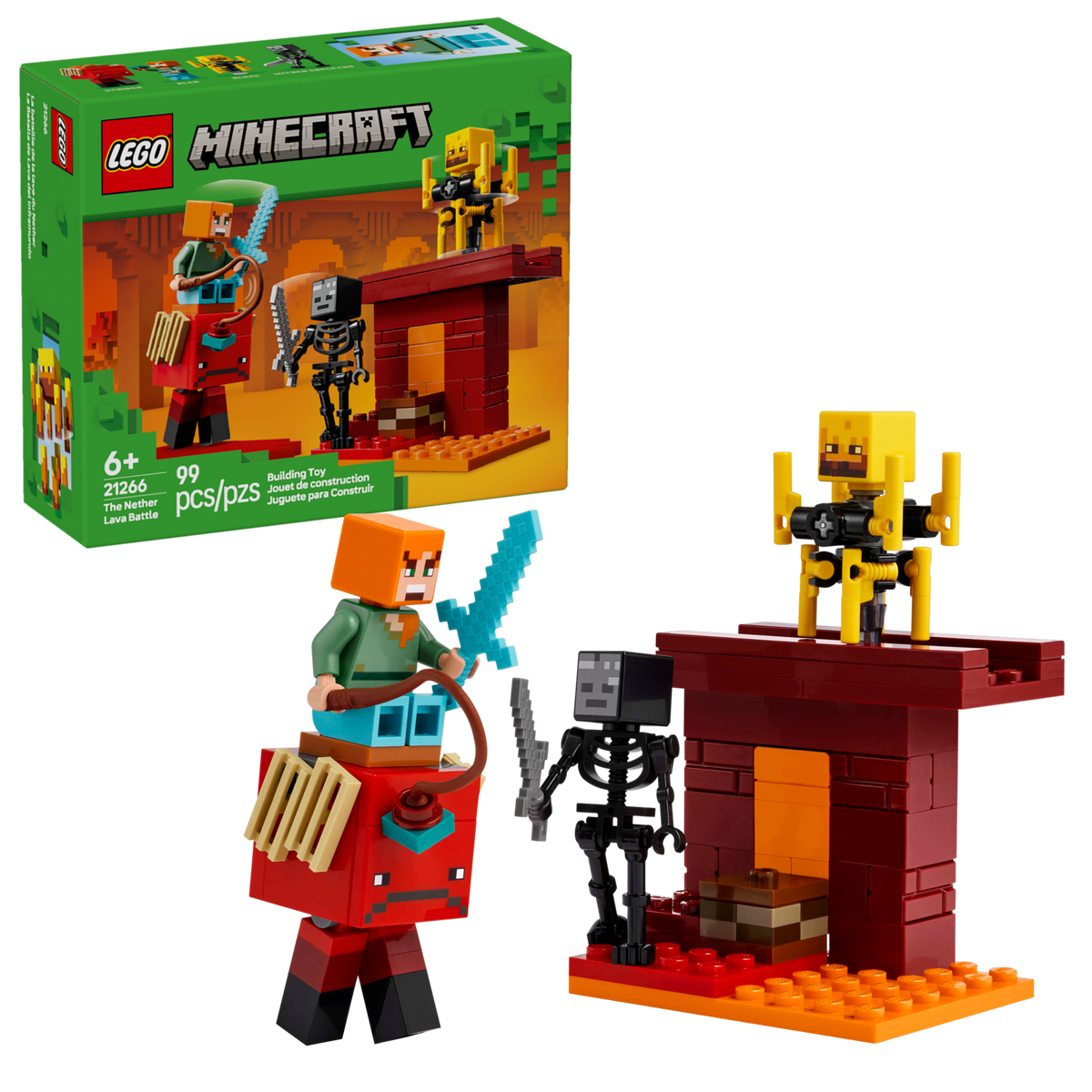 LEGO Minecraft 21266 De lavastrijd in de Nether, doos en gebouwde set
