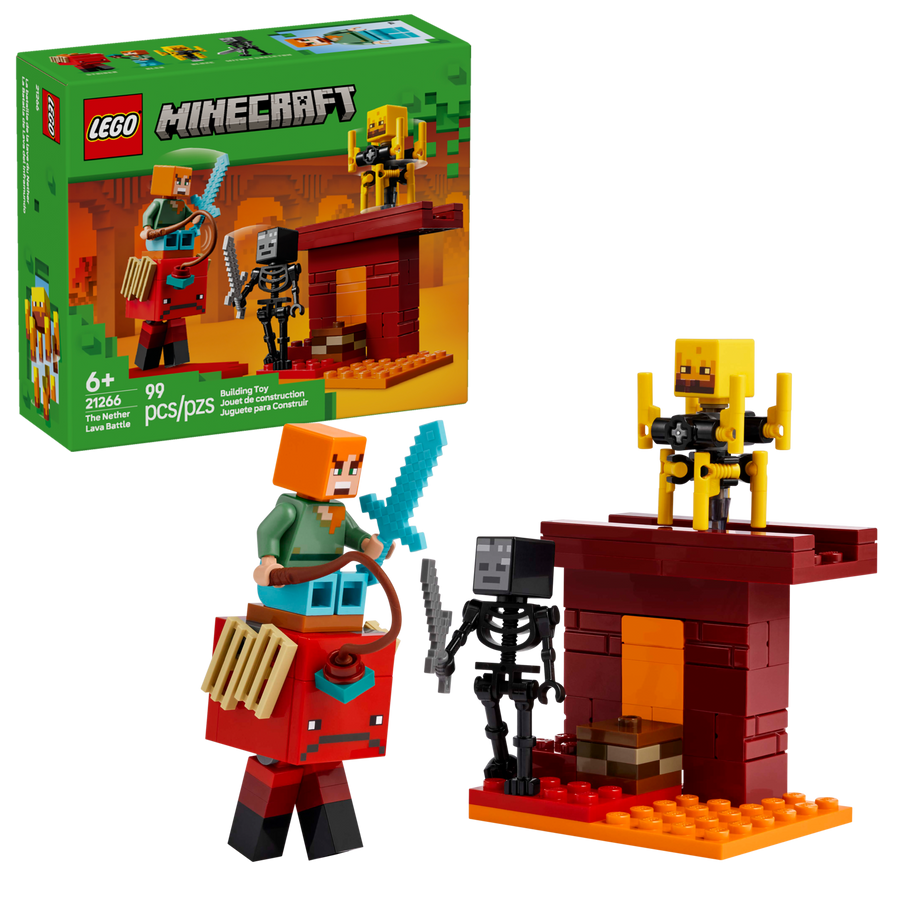 LEGO Minecraft 21266 The Nether Lava Battle, box and built set