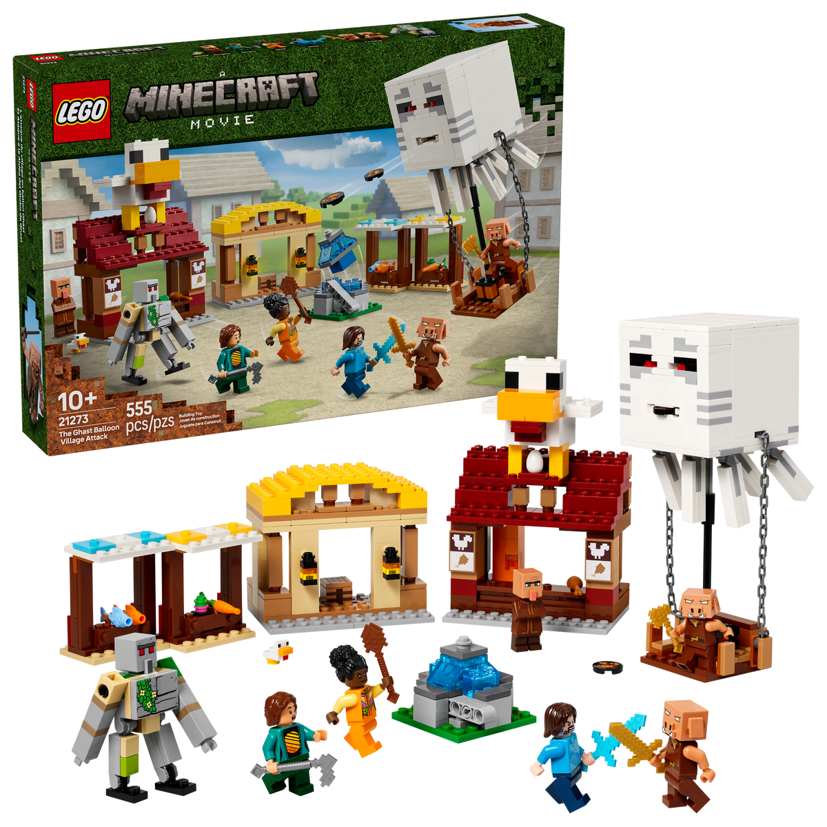 LEGO Minecraft 21273 De Ghast-ballon aanval op het dorp, doos en gebouwd model