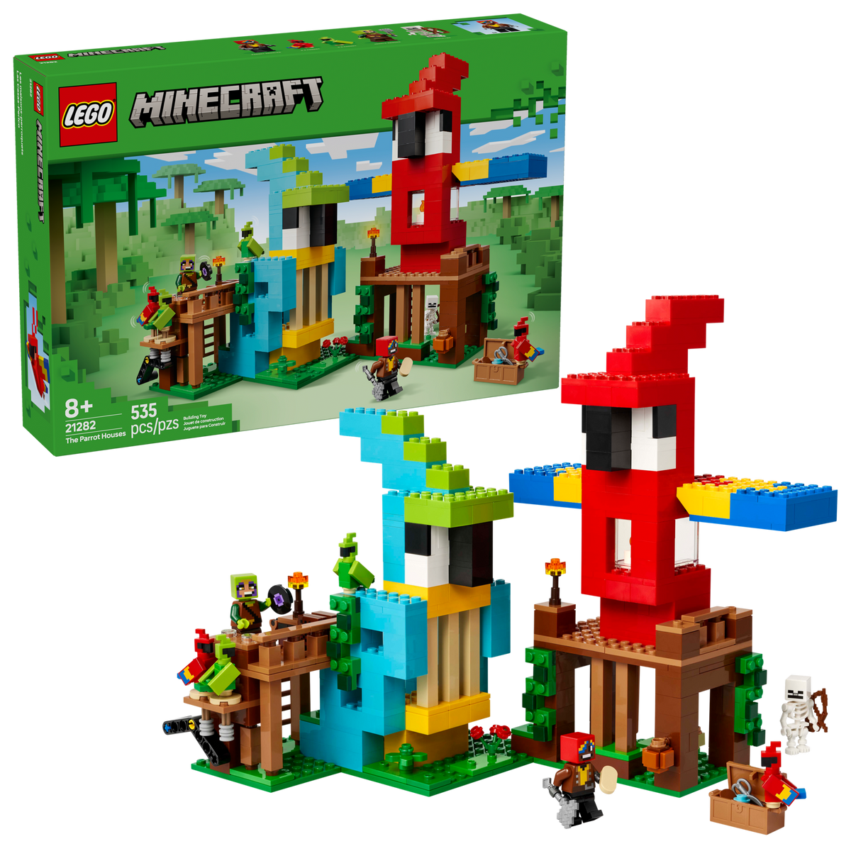 LEGO Minecraft 21282 De papegaaienhuizen, doos en papegaaienhuizen