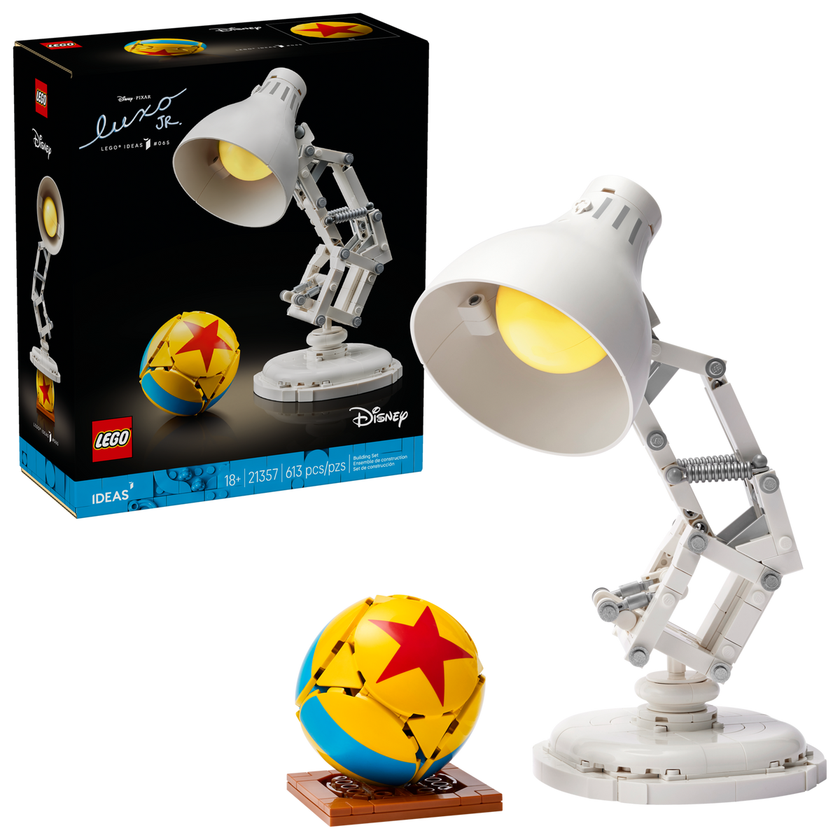 LEGO Disney 21357 Disney Pixar Luxo Jr., box and built model