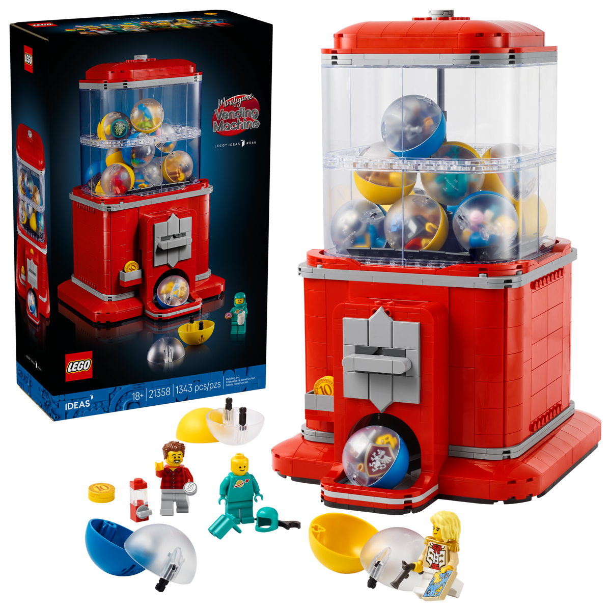 LEGO Ideas 21358 Minifigurenautomaat, doos en gebouwd model